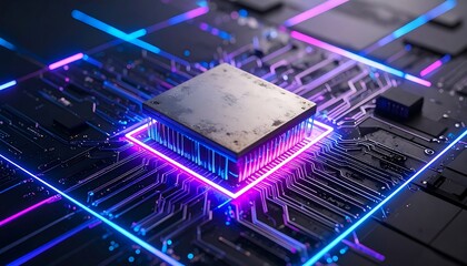 CPU on circuit board with neon light