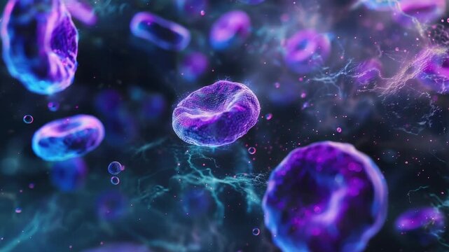 A microscopic view of clusters of purple and blue cells, with possible medical or scientific significance