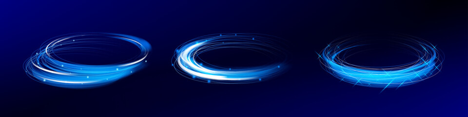 Set of glowing blue neon rings with wave and spiral motion. Futuristic light vortex elements for sci fi backgrounds or modern digital vector templates.