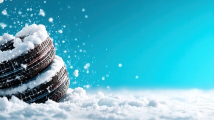 A pair of snow-covered winter tires stands ready for winter adventures, emphasizing safety and preparedness for snowy roads and the joy of seasonal sports and activities.