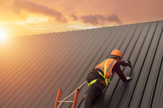 Rear view of a roofer in protective workwear installing metal sheets on a roof using a drill, Thailand