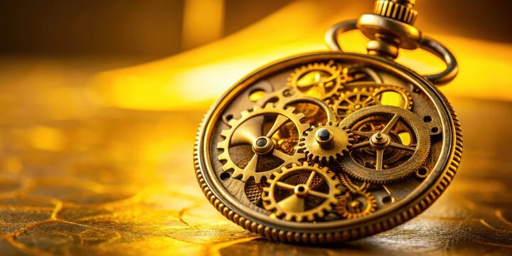 Intricate Golden Gears of a Vintage Pocket Watch Mechanism on a Warm Background