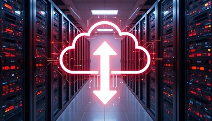 A glowing red cloud computing icon with a data transfer arrow in a modern server room, representing themes of big data, network security, cloud storage, and digital technology.