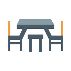 Stylized table with chairs centered on black background, flat vector style.
