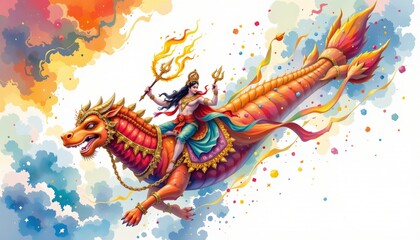 Obraz premium watercolor painting of indra riding airavata from overhead divine view with majestic presence, indian sacred literary theme, white background