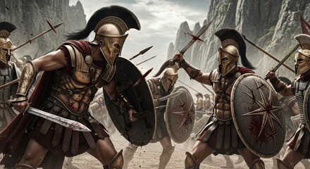 Ancient Greek Warriors Fighting in Battlefield with Shields and Spears in Mountain Setting