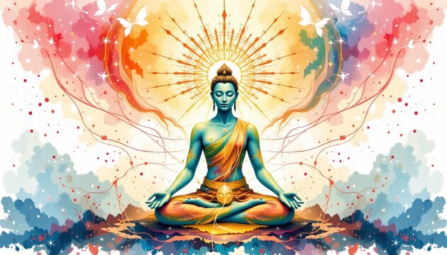 watercolor painting of nadis channels from serene contemplative pose with divine radiance, indian sacred literary theme, white background, no text