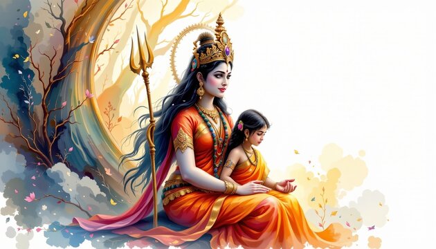 watercolor painting of parvati with her family from serene contemplative pose with sacred symbolism, indian sacred literary theme, white background