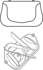 Closed and open purse with grooming tools, scissors, nail file, clippers, organized storage layout, functional accessory design, cad drawing flat vector illustration