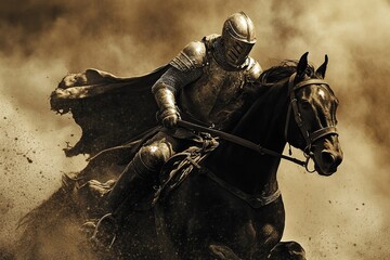 Fototapeta premium knight in armor riding into battle on a black stallion