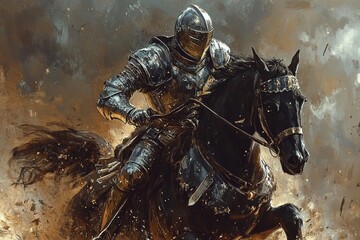 Fototapeta premium knight in armor riding into battle on a black stallion
