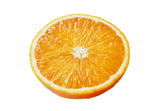 Close up of a vibrant juicy orange slice with a dark black background highlighting its texture