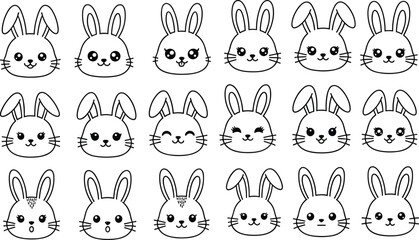 Cute bunny faces line art set, cartoon rabbit heads collection, kawaii animal illustrations, simple black and white vector icons, adorable pet design