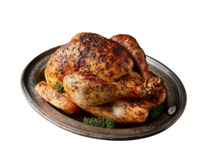 Whole roasted turkey on silver platter with crispy skin, seasoned with herbs, festive and delicious, perfect for holiday dinner gatherings, warm and inviting presentation