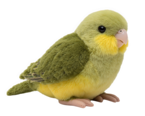 Green parakeet plush toy soft stuffed bird yellow chest cute animal realistic detail children gift isolated adorable fluffy decorative playful