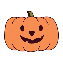 Halloween pumpkin, jack o lantern with carved face, isolated on transparent. Hand drawn line vector illustration. Funny cartoon character. Traditional holiday design element, clip art