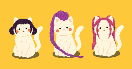 Set of Cute white cream kitty wearing wig braided hair sitting illustration isolated cat halloween autumn theme vector