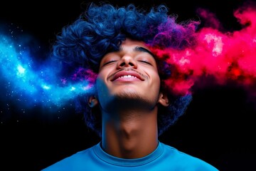 A man with blue hair and a blue shirt is smiling with his eyes closed