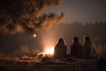 cozy family evening gathered around crackling campfire illuminating their joyful faces