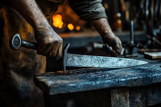medieval blacksmith sharpening a sword blade