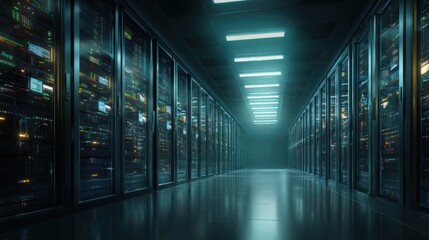 Fototapeta premium Illuminated server room corridor with rows of gleaming data storage racks