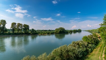 a wide serene view of the po river near cremona italy with lush green banks distant trees and a clear blue sky with sparse clouds
