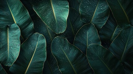 Deep green tropical leaves, water droplets, overlapping pattern