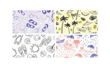 Relaxing beach day illustration with flip-flops, cocktails, palm trees, seashells, lobsters, fish, sun hats, and hammocks under a bright blue sky