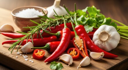 Fresh red chili peppers, garlic, and herbs arranged on a rustic wooden board for cooking.