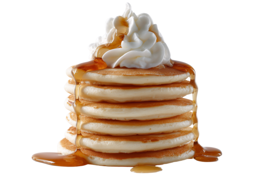 Delicious stack of fluffy golden brown pancakes topped with whipped cream and drizzled with sweet maple syrup