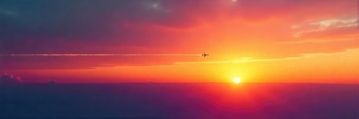Obraz premium Lone Airplane Contrail at Sunset Journey, Exploration, and the Vastness of Travel