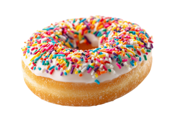 Delicious frosted donut with colorful sprinkles isolated on a stark black background for a sweet treat