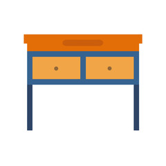 Stylized orange and blue desk illustration on black background featuring two drawers