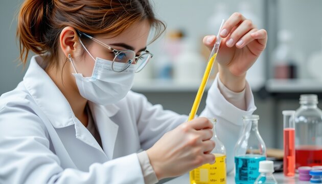 a scientist mixing chemicals, flat art, scientific white and yellow hues. - Powered by Adobe