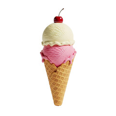 Two-scoop ice cream cone with a cherry.