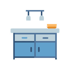 Modern Kitchen Cabinet Flat Illustration with Utensils Isolated on Black Background