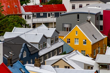 Close-up of assorted traditional colourful buildings and rooftops on a summer day, Reykjavik, Iceland