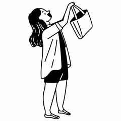 A woman looking up at a shopping bag with a happy expression isolated on white background