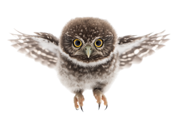 Close-up of a small, fluffy owl with big yellow eyes and spread wings.
