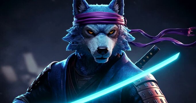 Warrior wolf in armor wielding a glowing sword