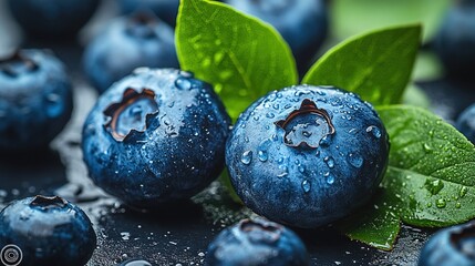 Super close-up blueberries: realistic style, with green leaves and surface water droplets, on white background, bright light and shadow, HD fresh texture for e-commerce