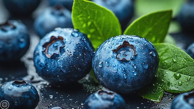 Super close-up blueberries: realistic style, with green leaves and surface water droplets, on white background, bright light and shadow, HD fresh texture for e-commerce