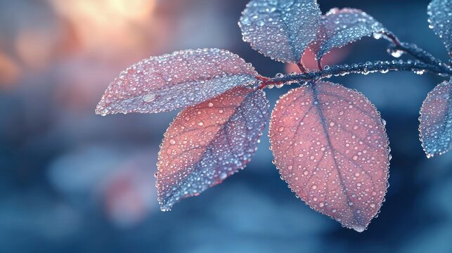 Dew-kissed autumn leaves on a branch