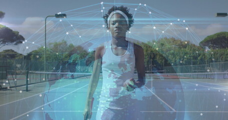 Standing female tennis player in white attire holding ball at park court, with data network overlay