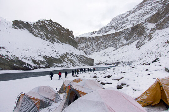 Group of People doing the Chadar Trek along the river Zanskar, Ladakh, Indian Himalayas, India