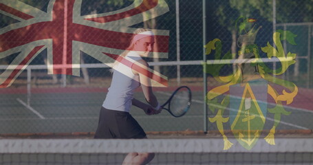 Standing tennis player gripping racket in sportswear on tennis court with Union Jack crest overlay