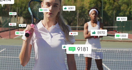Posing female tennis player with racket over shoulder on court by net, with social media icons