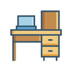 Iconic desk with computer and file cabinet, isolated on black background illustration