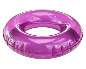 Transparent pink swim ring, modern inflatable pool float, glossy plastic material, circular shape, summer accessory, playful and fun vibe, suitable for pool or beach relaxation