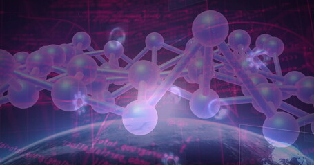 Hovering molecular structure of spheres and rods over Earth arc in space, with digital code streams
